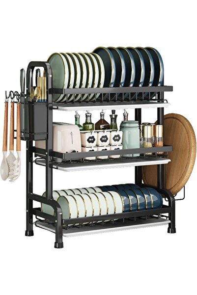 rayze 3-tier kitchen drain rack, large rust-proof drain rack with cutlery rac...