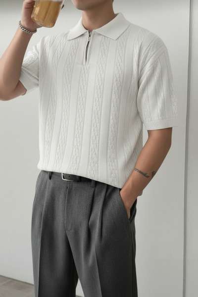 ModaYaren Men's Half Zipper Polo Collar Vertical Patterned Knitwear Comfortab...