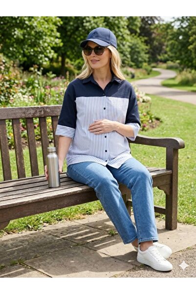 Entarim Striped - Knitted Hooded Pregnant Women's -Plus Size- Bluz