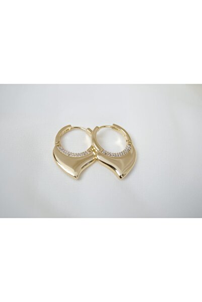 ATELİER TUĞBA Kp343 Heart Shape Stone Gold Hoop Earrings (Length 30 mm)