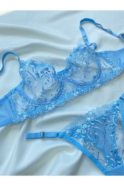 BanaTAP Baby Blue Large Size C Kap Lace Detailed Embroidered Bra & Thong Unde...