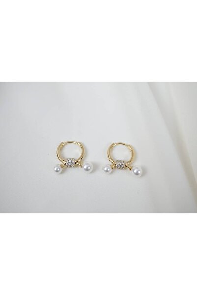 ATELİER TUĞBA Kp334 Double Pearl Detail Gold Hoop Earrings (Diameter 10 mm)