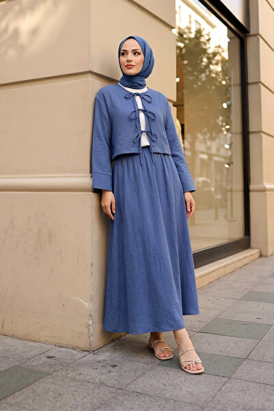 MODAQU Linen Lace-Up Skirt Blouse Top and Bottom Set - Blue