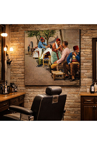 EvimeTablo Osmanlı Dönemi Berber Sahnesi Kanvas Tablo – Türk Berber Kültürü D...