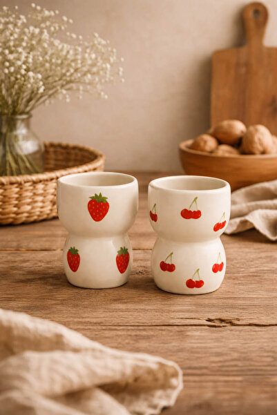 Anadolu Saray 2Pcs Handmade Ceramic Strawberry Cherry Design Mug Cup Octagona...
