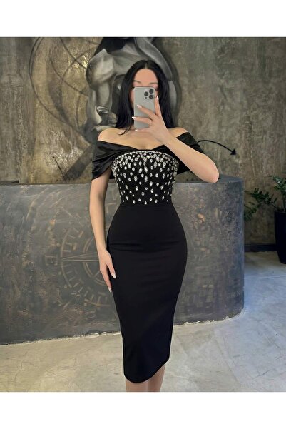 missswans Amaliya Onü Taşlı Düşük Omuz Detaylı Midi Boy Abiye Siyah