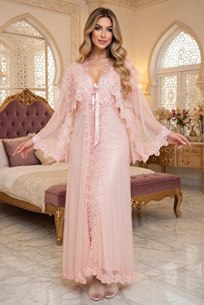 NAHAWAND Lüks Pembe Dantelli Uzun Gelin Sabahlığı - Elegant İşlemeli Gecelik ...