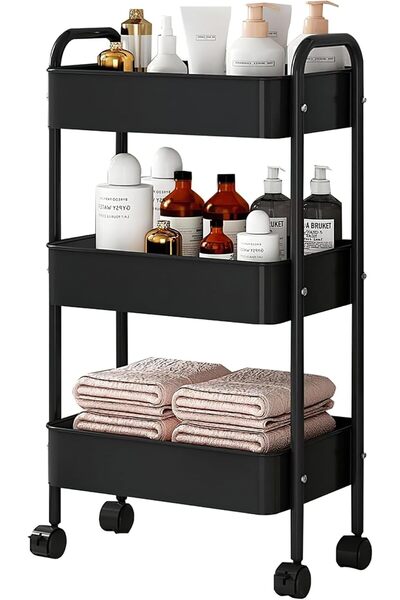 RENOVO 3-Tier Metal Storage Cart with Wheels and 4 Hooks