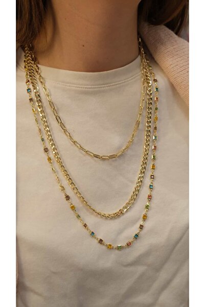 Jerie Renkli Taş Detay 3'lü Kombin Kolye Seti