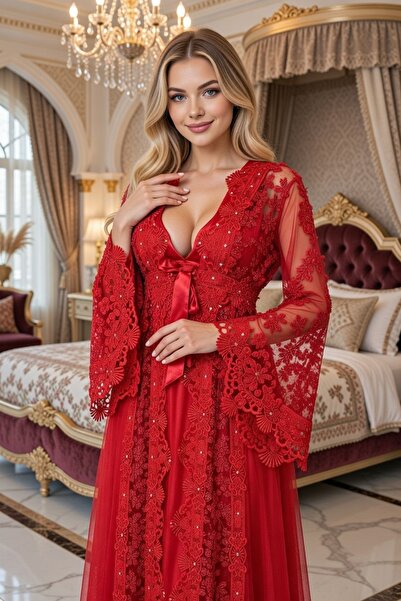 NAHAWAND Lüks Dantelli Gelin Sabahlığı - Şık Nakışlı Uzun Sabahlık ve Gecelik...