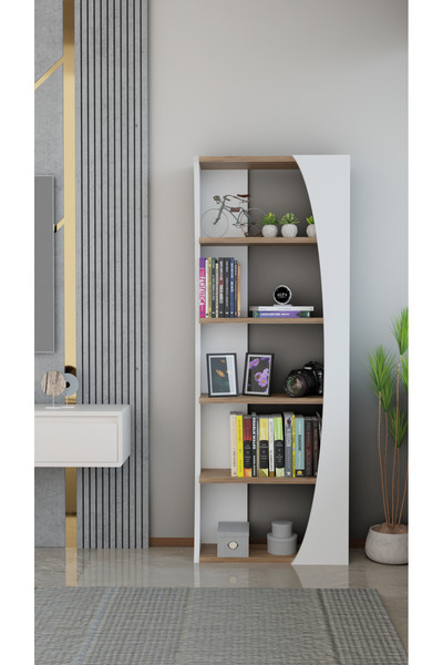 alpaevmobilya Kavisli İskandinav 150 cm 6 Raflı Kitaplık Salon Rafı | Ofis Do...