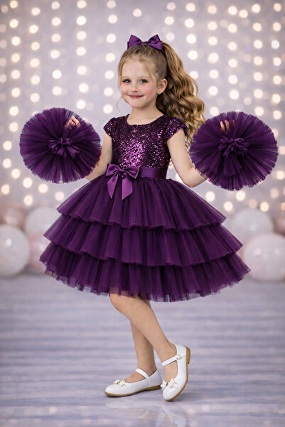 RUMİ KİDS Kız Çocuk Tokalı Ponpon Kollu Abiye Parti Doğumgünü Elbisesi Eteksiz