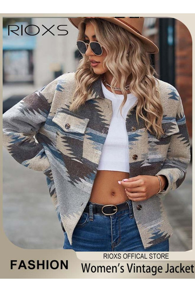 RIOXS Women's Long Sleeve Tweed Jacket, Vintage Loose Fit Button Down Shirt C...