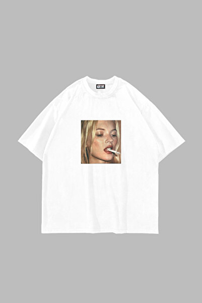 Sekizbiraltı Kate Smokin Printed Oversized Unisex White Tshirt