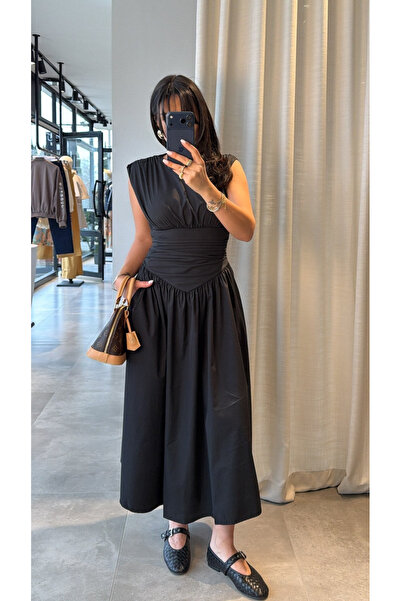 My Blog Black Draped Midi Dress - 4100