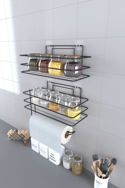 EVA METAL TASARIM Adhesive Spice Rack 2 Pieces Metal Paper Towel Holder Black...
