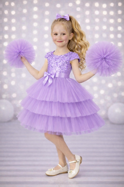 RUMİ KİDS Kız Çocuk Tokalı Ponpon Kollu Abiye Parti Doğumgünü Elbisesi Eteksiz