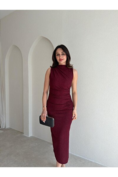 Mooi Butik Huxley Glittery Midi Dress 5933 - Burgundy