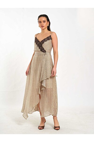 Coral Lace Detailed Dress with Collar Slit 111710 Multi