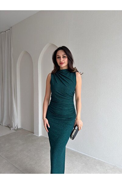 Mooi Butik Huxley Glittery Midi Dress 5933 - Emerald Green