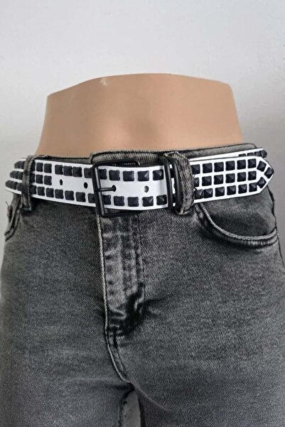 Köstebek Piramidă albă cu trei dungi împodobită cu știfturi piele curea