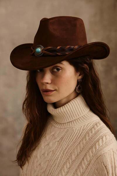 Külah Brown Bohemian Cowboy Hat with Leather Stripes and Turquoise Stones