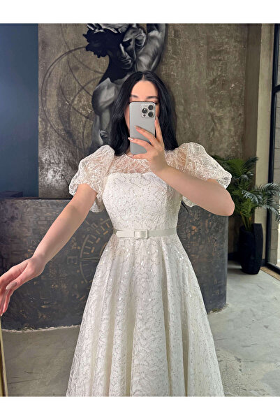 missswans Mila Balon Kol Dantel Pul Payet İşlemeli Kemer Aksesuarlı Midi Boy ...