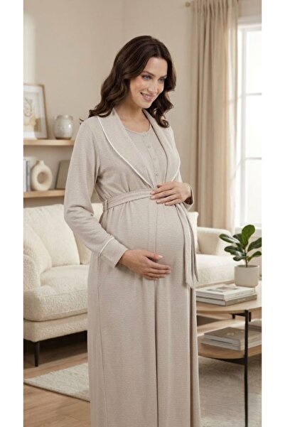 Pelin طقم ثوب نوم للحوامل باللون البيج ياقة شال حواف أسطوانية للنساء