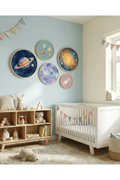 huhuli Set of 5 Wooden Birch Framed Round Baby Room Children's Room Mdf Painting