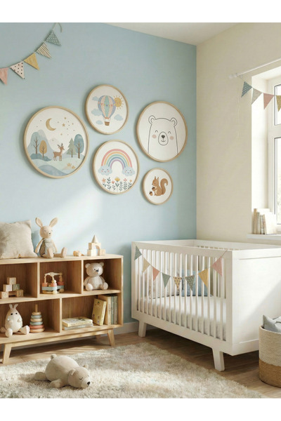 huhuli Set of 5 Wooden Birch Framed Round Baby Room Children's Room Mdf Painting