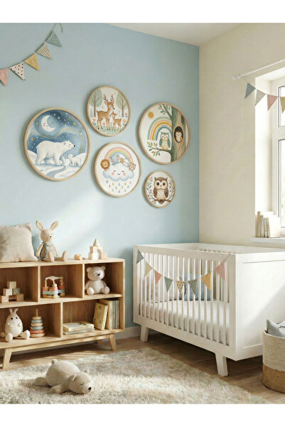 huhuli Set of 5 Wooden Birch Framed Round Baby Room Children's Room Mdf Painting