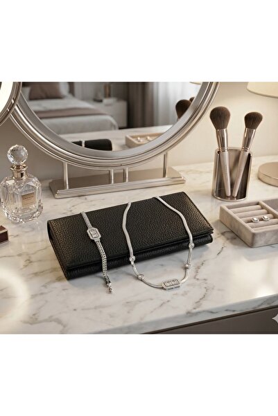 Zaman Kutusu Women's Black Wallet and Silver Color, Stone Steel Necklace-Brac...