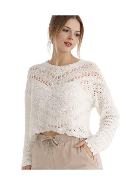 MODASPARK White Embossed Patterned Lace-Like Knit Transitional Women's Cotton...