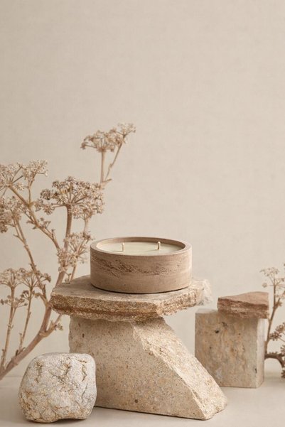 Lethe Design Traverten Kase Mum-El Yapımı Dekoratif Beton Mum-2 Fitilli, Kokulu, Ev Dekoru, Yatay Form, Taş Kase