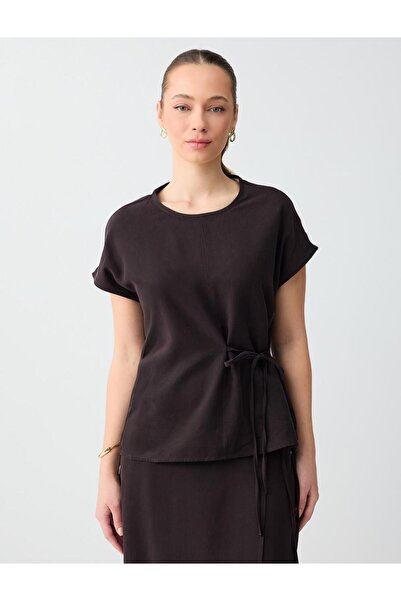 Jimmy Key Bitter Brown Round Neck Sleeveless Blouse with Lace Detail Woven