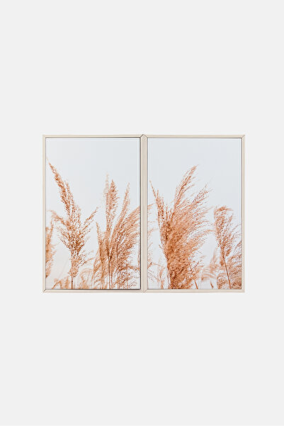 Crystal art istanbul لوحتان جداريتان مؤطرتان لنبات البامباس، باللون الأبيض