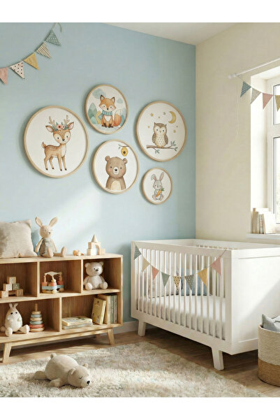 huhuli Set of 5 Wooden Birch Framed Round Baby Room Children's Room Mdf Painting