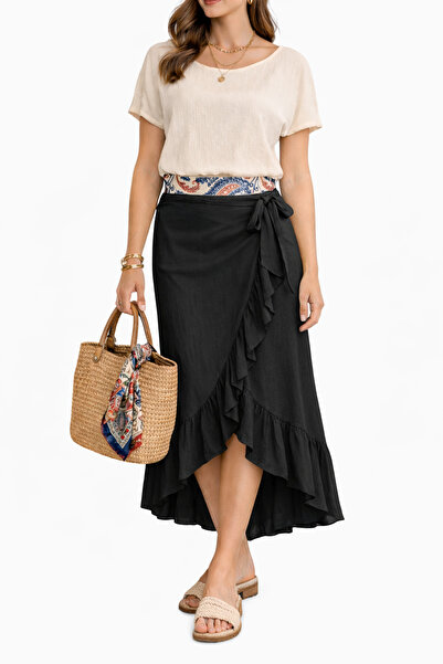 Yena Tekstil تنورة نسائية بيج لفّ مكشكش تنورة ميدي صيفية أنيقة