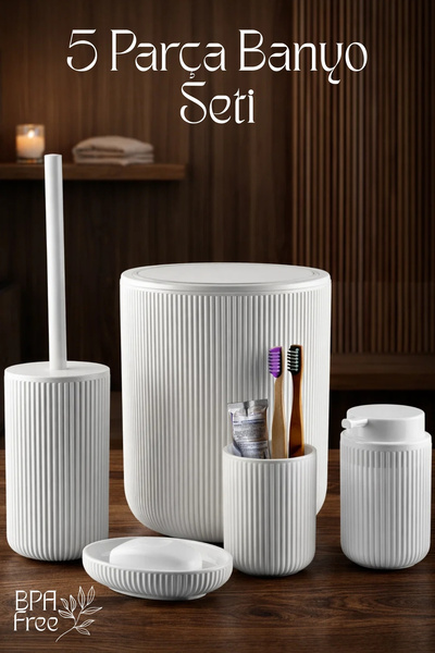 GİNZAMAİSON 5 Parçalı Banyo Seti - Çöp Kovası, Tuvalet Fırçası , Sıvı Sabunlu...