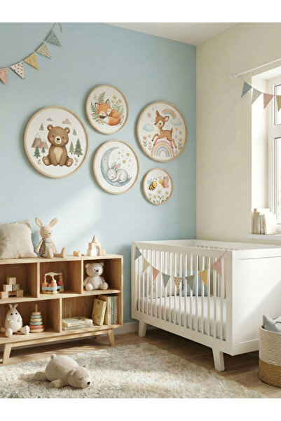 huhuli Set of 5 Wooden Birch Framed Round Baby Room Children's Room Mdf Painting