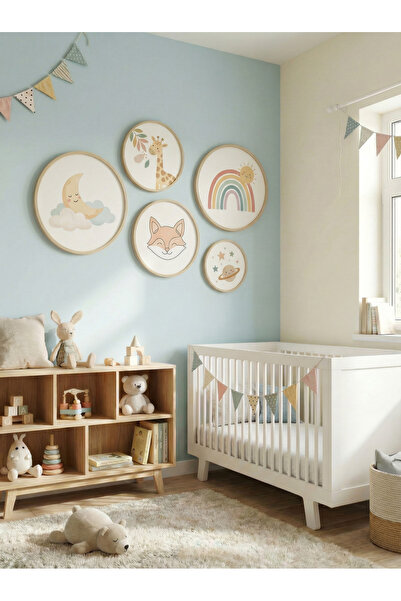 huhuli Set of 5 Wooden Birch Framed Round Baby Room Children's Room Mdf Painting