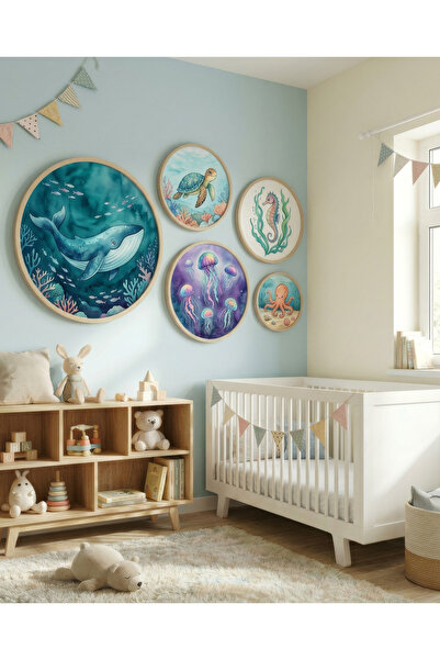 huhuli Set of 5 Wooden Birch Framed Round Baby Room Children's Room Mdf Painting