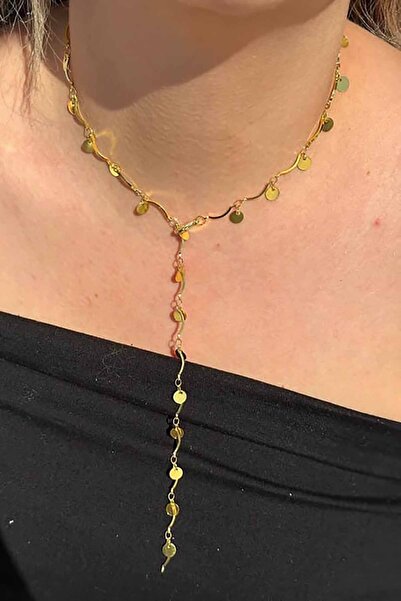 TAKIŞTIR قلادة على شكل حرف Y من الفولاذ بتفاصيل من رقائق الذهب