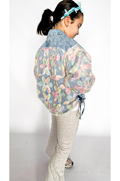 MODA Kız Çocuk Çiçek Desenli Cepli Kot Ceket – Yan Büzgü Detaylı