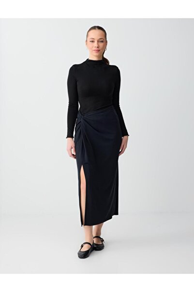 Jimmy Key Μαύρη πλεκτή μίντι φούστα με κανονική σχισμή στη μέση και λεπτομέρε...