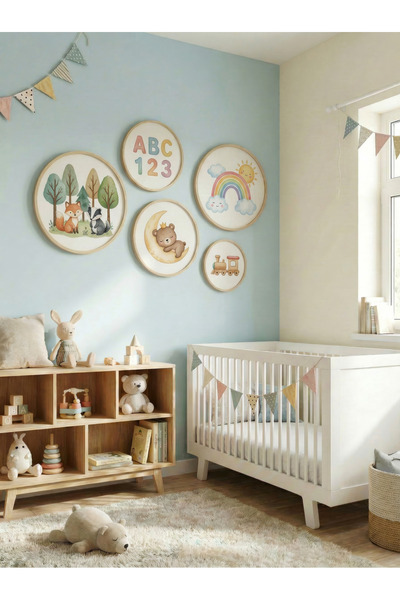 huhuli Set of 5 Wooden Birch Framed Round Baby Room Children's Room Mdf Painting