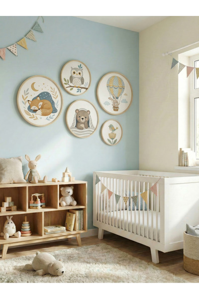 huhuli Set of 5 Wooden Birch Framed Round Baby Room Children's Room Mdf Painting