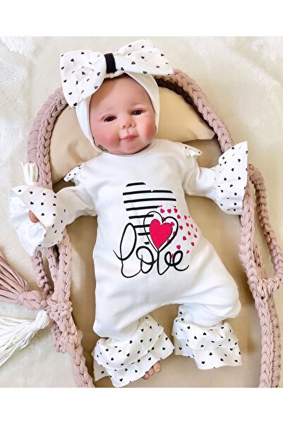 pony baby 'pony ile özel hisset' Love Printed Bandanali Heart Baby Girl Jumpsuit
