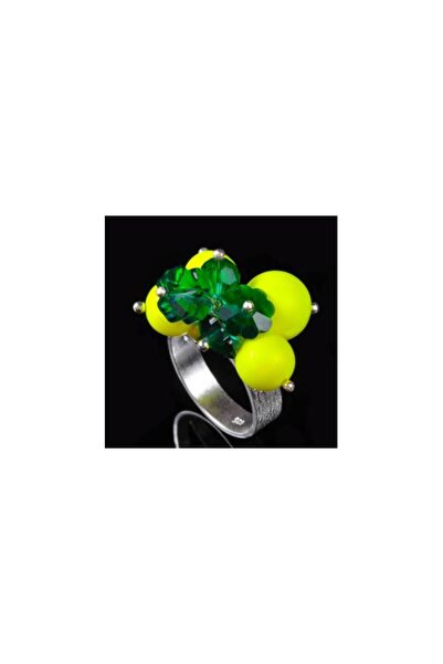 Ravisant Silver Ring with Swarovski Crystals and Pearls in Neon Green