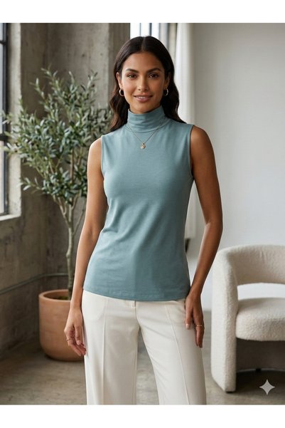 BEGBOR COLLECTİONS Water Green Half Turtleneck Sleeveless Stretch Fabric Knitted Basic Blouse - Slim Fit Stylish Body under Jacket